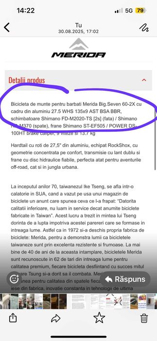 Bicicleta merida MTB Big Seven roti de 27,5 nouă