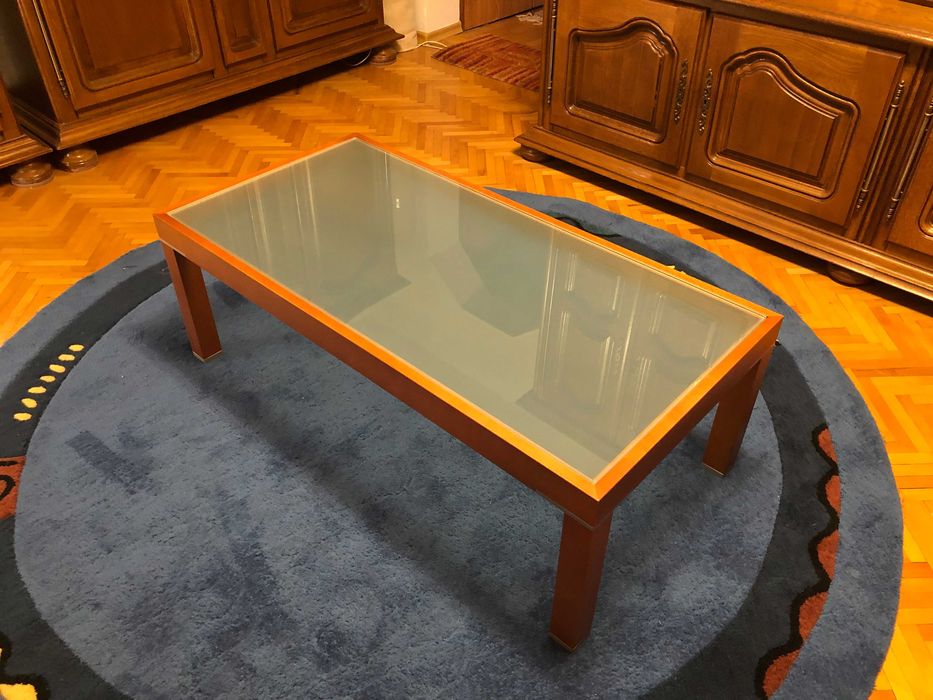 Masuta cafea lemn cires + cristal sablat + aluminiu, stare foarte buna