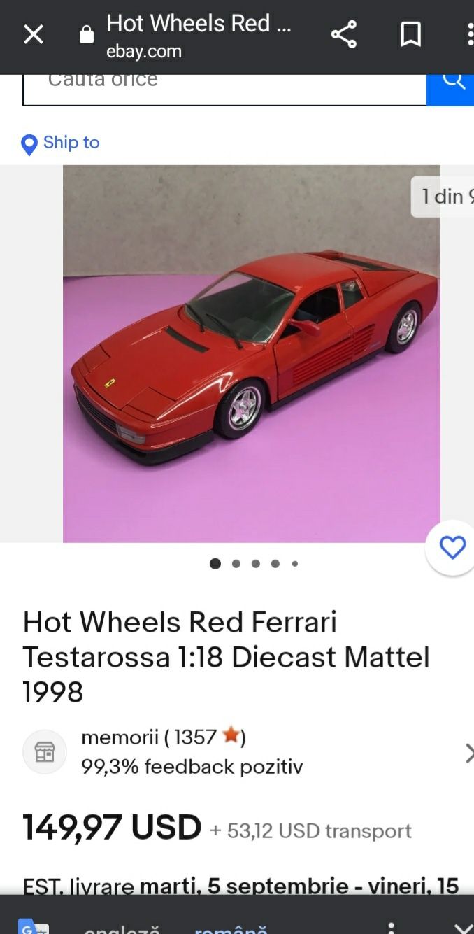 Machetă Ferrari Testarossa/Hot wheels,Mattel 1998/1:18