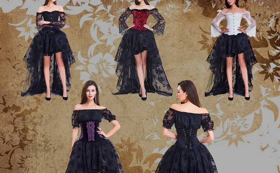 Set gotic compus din rochie neagra si corset rosu, brodat, XXL, noi