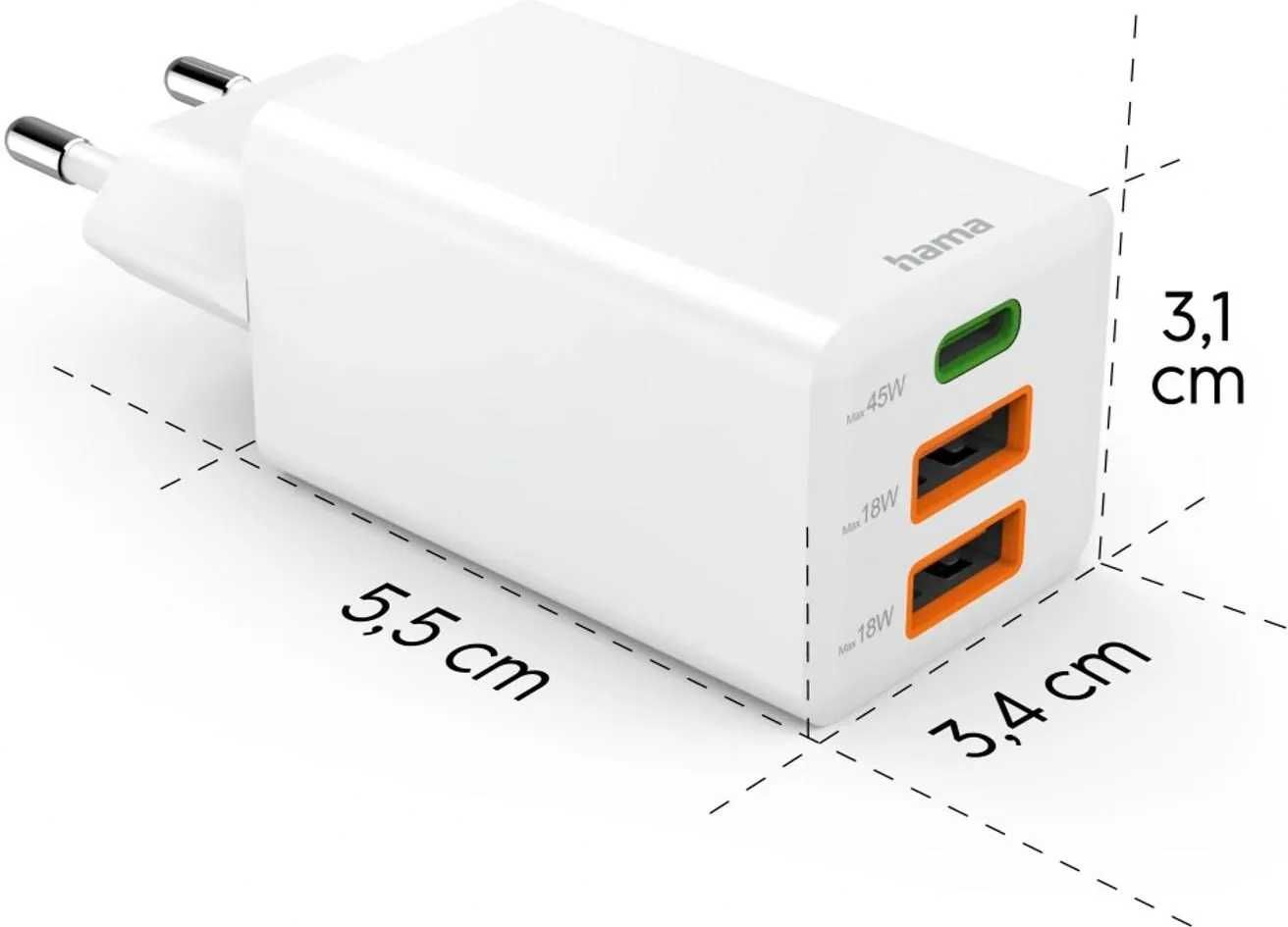 Incarcator 45W HAMA 201995 1xUSB-C 2xUSB-A PD Quick Charge 3.0 GaN Alb