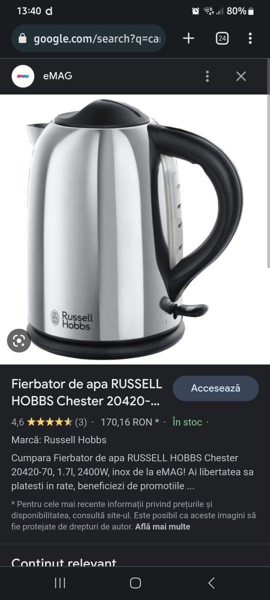 Fierbator de apa RUSSELL HOBBS Chester 20420-70, 1.7l, 2400W, inox