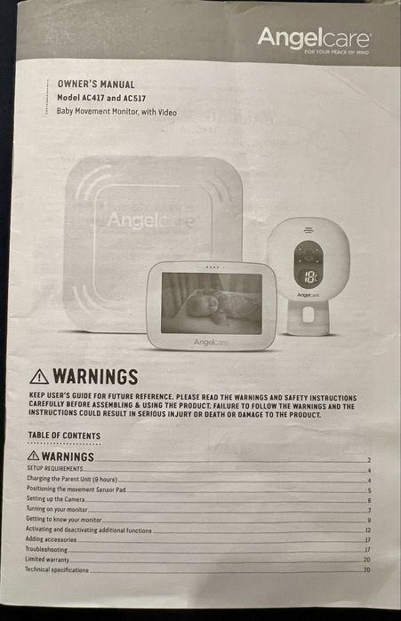 Бебефон със сензорна  подложка за дишане и движения Angel care