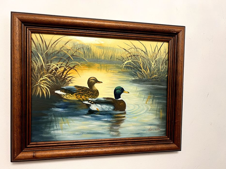 Pictura in ulei pe pânză ce reprezinta  un peisaj liniștit de lac