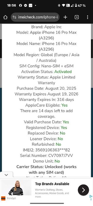 iPhone 16 Pro Max 256GB 5 Cicluri încărcare