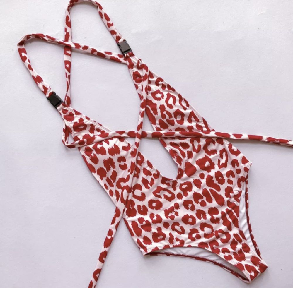Costum baie C13 intreg animal print leopard bretele Push Up Reglabil
