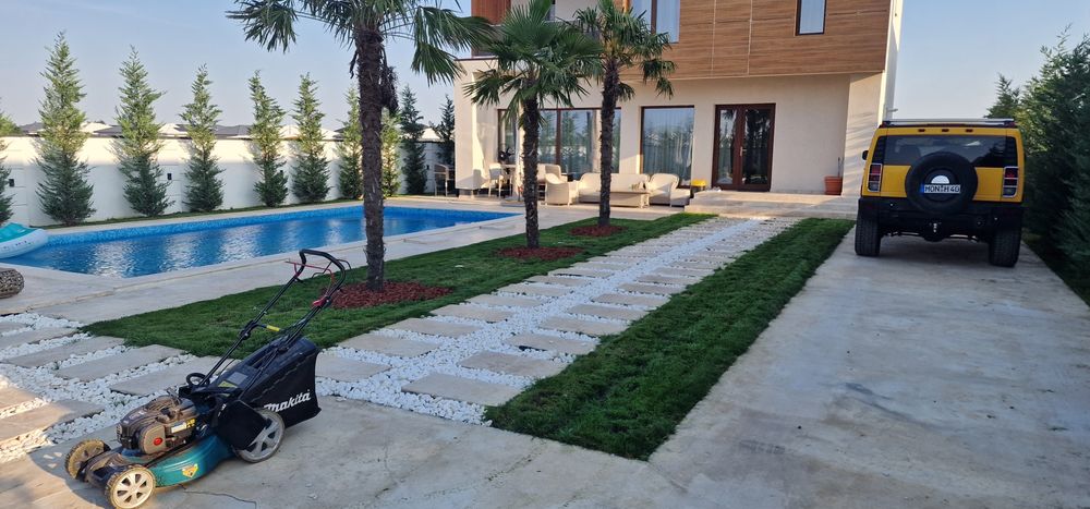 Amenajări grădini: Irigații Hunter, Gazon, Piatra Albă, Fertilizare.