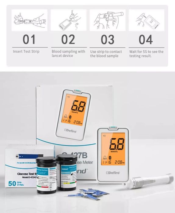 Glucometru Defiro cu bluetooth, incluse 75 teste si 75 ace