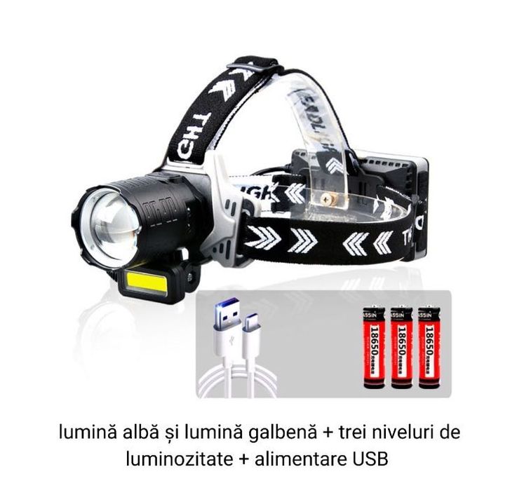 Lanterna de cap cu LED LASER cu 3 acumulatori, senzor miscare si ZOOM