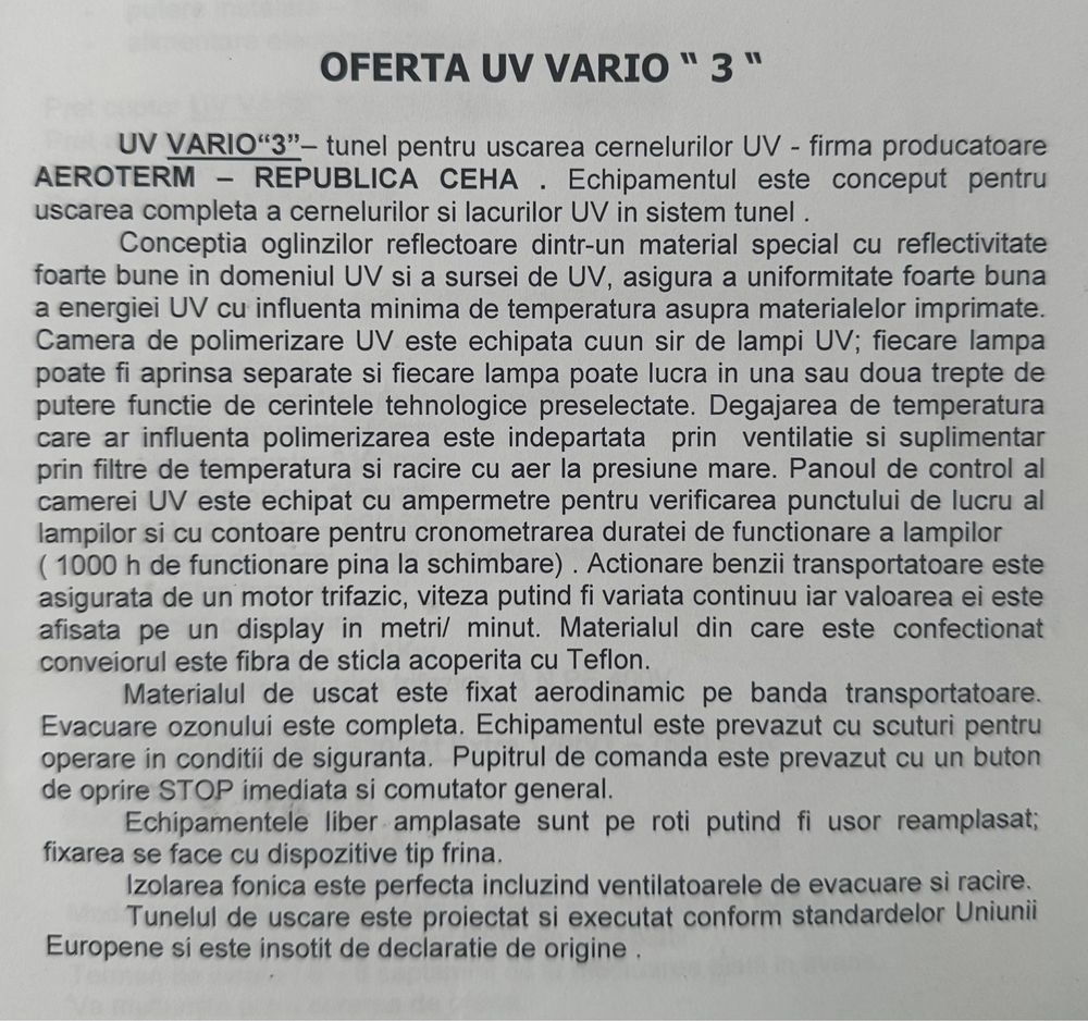 Tunel de uscare cerneală UV