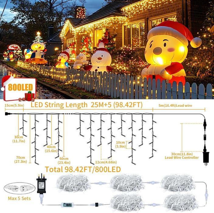 Коледни светлини тип „ледуни“, 25M+5M 800 LED, 8 режима