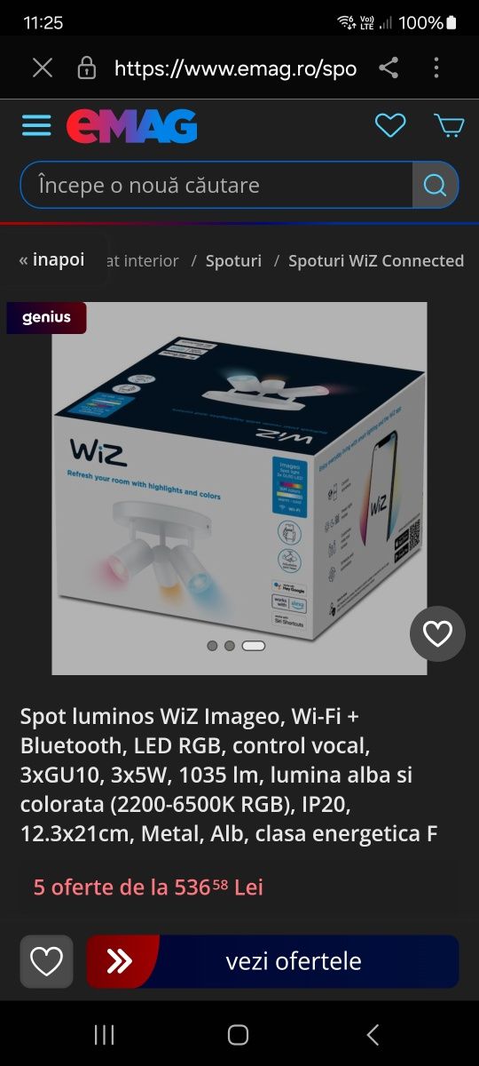 Vind plafoniera cu 3 spoturi smart Wiz sau schimb