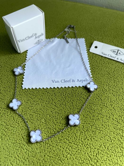 ван клиф колие бял седеф неръждаема стомана детелина van cleef