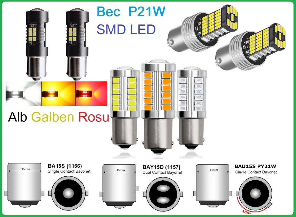 Bec Led P21W,T10, T15, Consum mic, luminozitate crescuta, model 2021