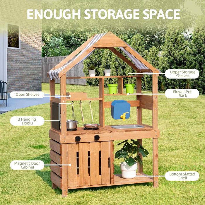 OOOK Детски кухненски комплект с навес, 3+ години, масивна ела