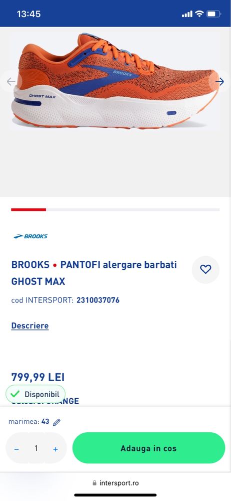 Vand adidasi Brooks  Ghost Max.Marimea:43(27,5 cm)