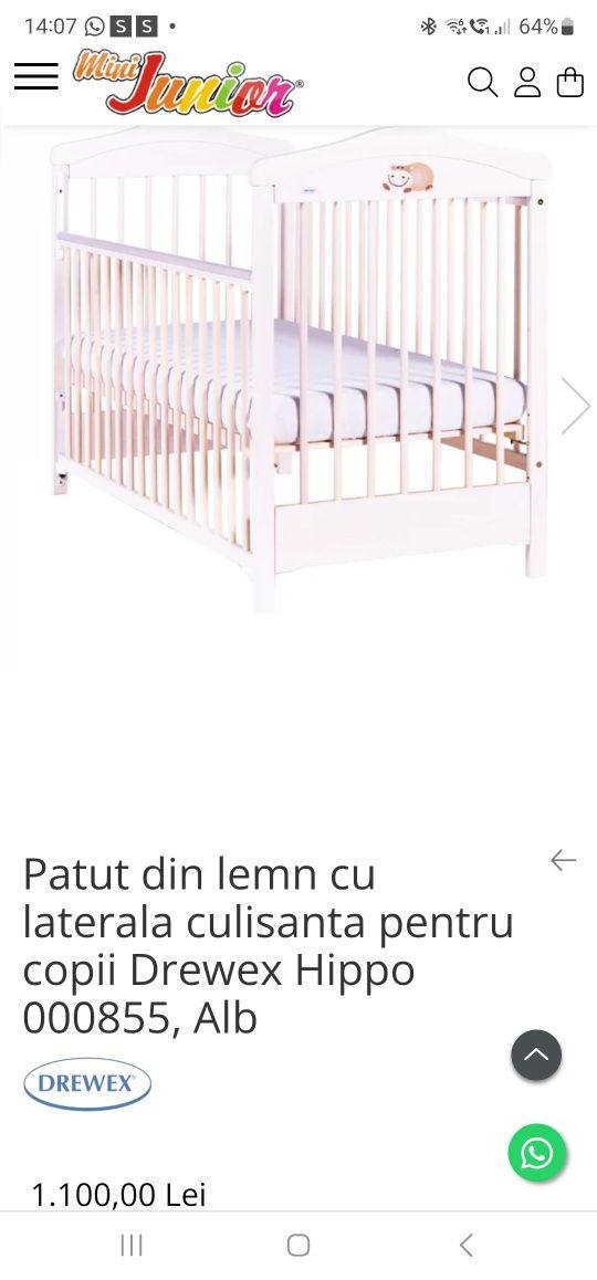 Patut bebe Drewex Hippo, laterala culisanta, alb natur, lemn pin