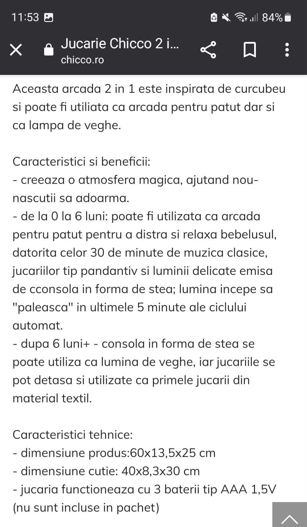 Carusel/arcadă pentru patut chicco