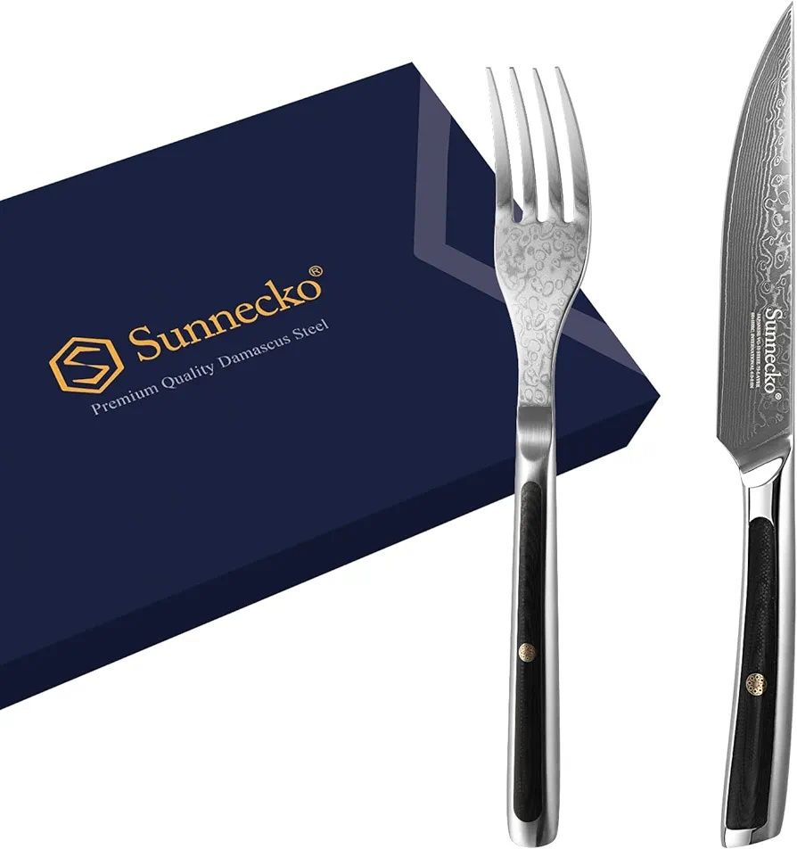 Sunnecko set japonez cutit si furculita din otel de damasc prefesional