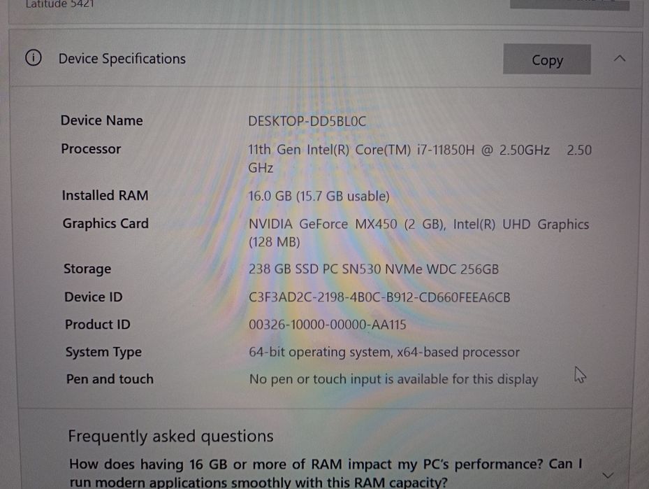 Vând laptop Dell Latitude 5421 ,i7 11850H 2.5Ghz,16 GB DDr4,Nvidia 2gb