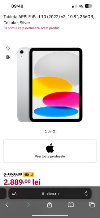 Tableta APPLE iPad 10 (2022) v2, 10.9", 256GB, Cellular, Silver