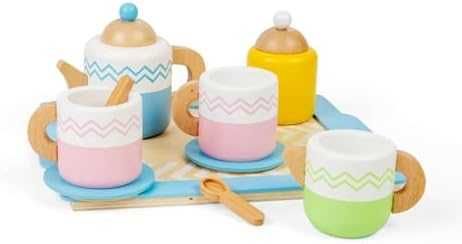 Нов Дървен комплект за чай с поднос 10 части играчка за деца 18 месеца