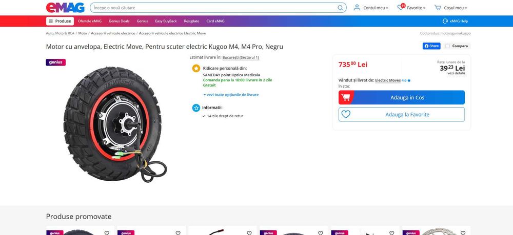 Motor electric+ anvelopa pt Kugo M4 PRO 800w, 10in, REDUS de la 735RON