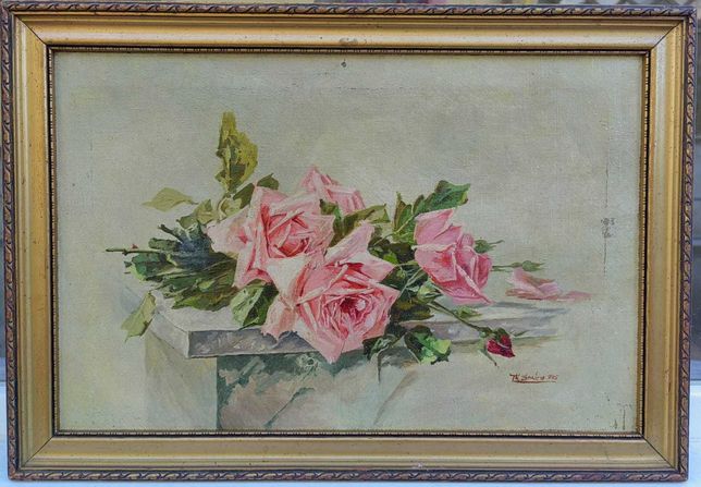 Th Spaicu 1945 Tablou Trandafiri Roz pictura ulei panza 41x60cm