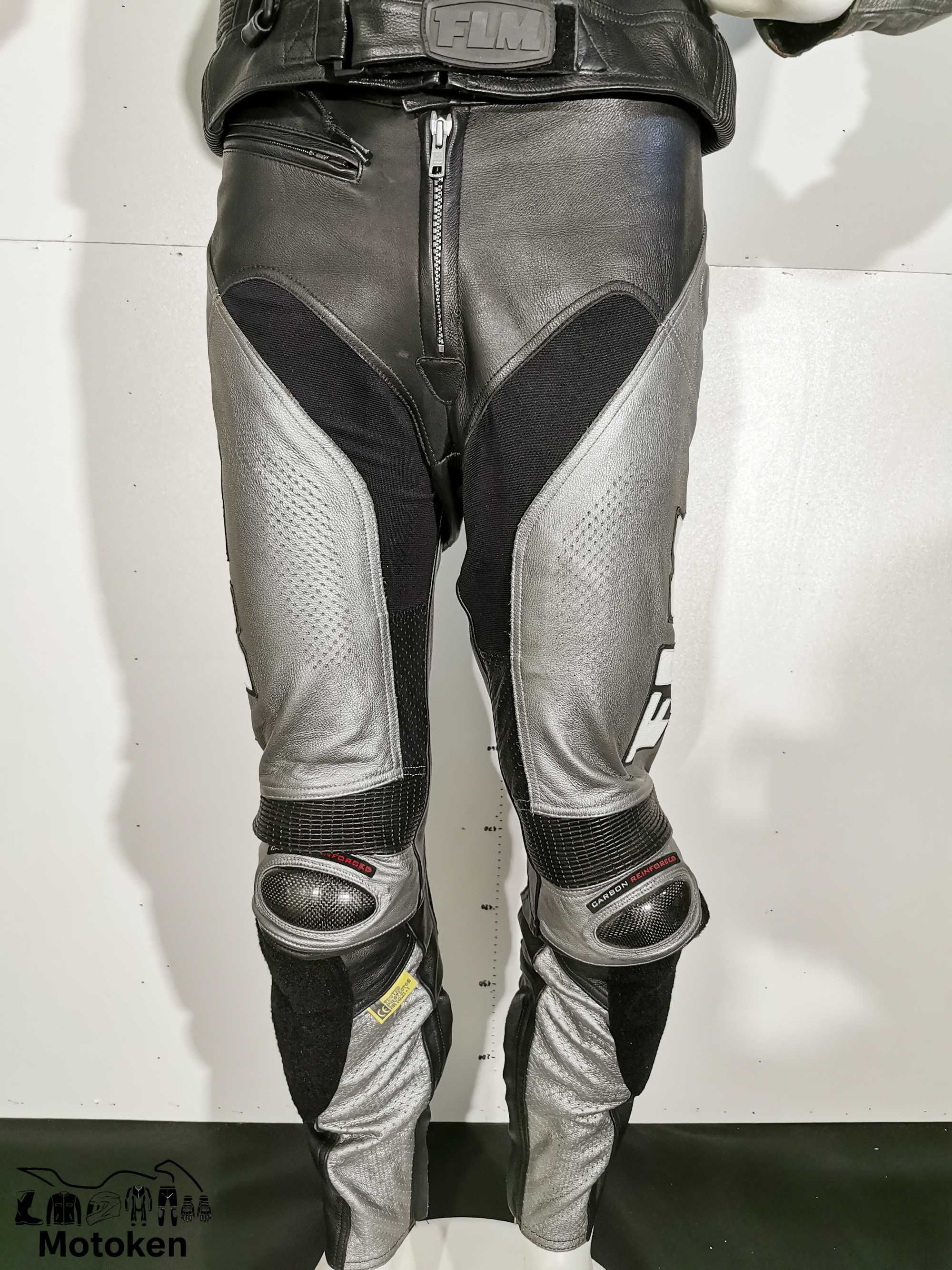 Costum moto piele FLM gri alb negru cu cocoasã marimi: 48, 50,52