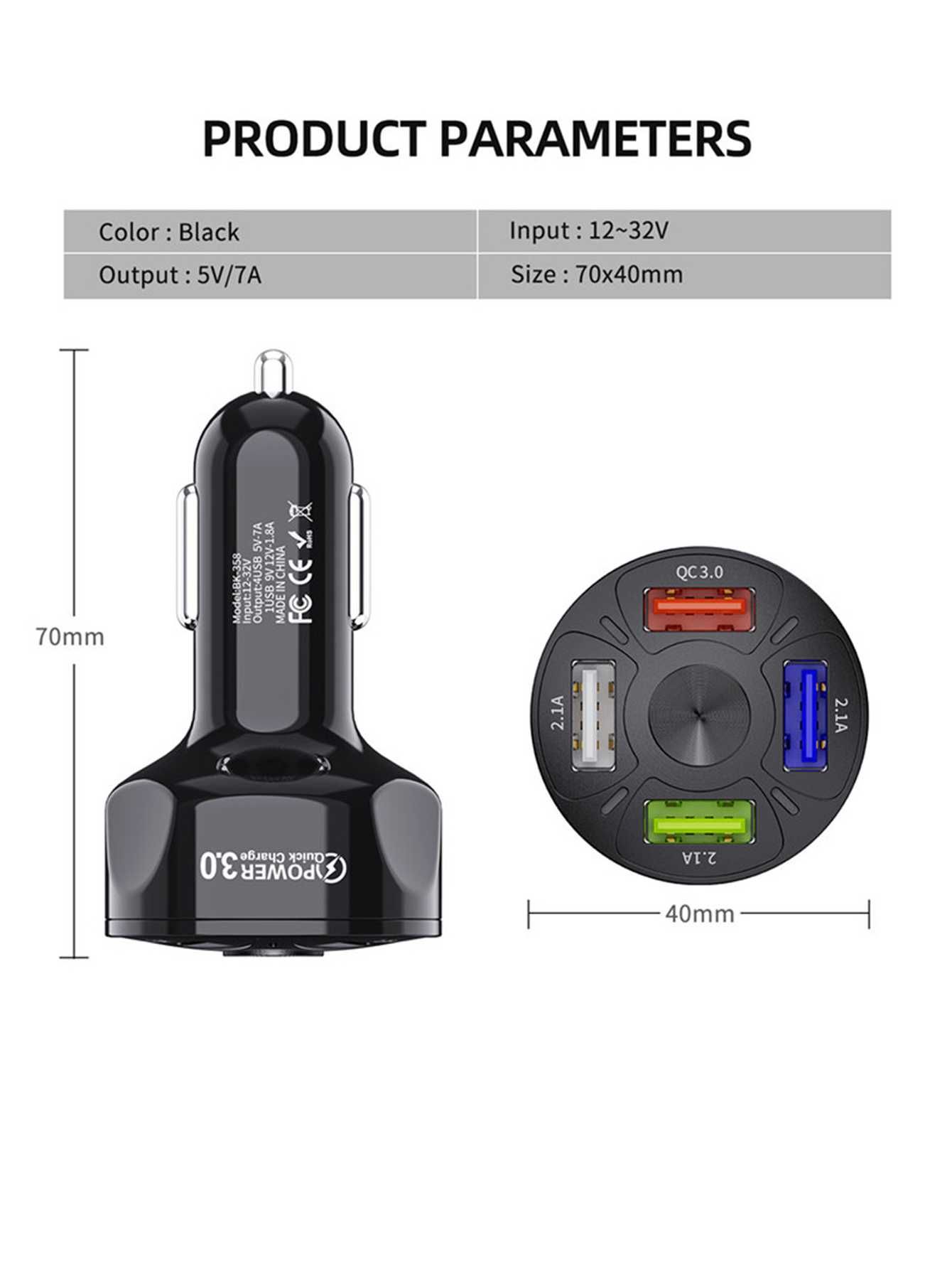 Мощно зарядно за кола с 4 порта - 7А  3Х2.1А + QC3.0 Quick Charge 3.0