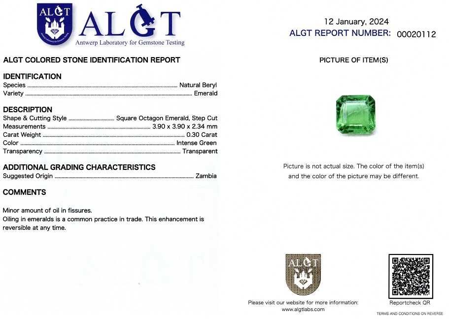 Smaralde Zambia 0,30 - 0,49 ct, ALGT Antwerp(9987,9988,9989)