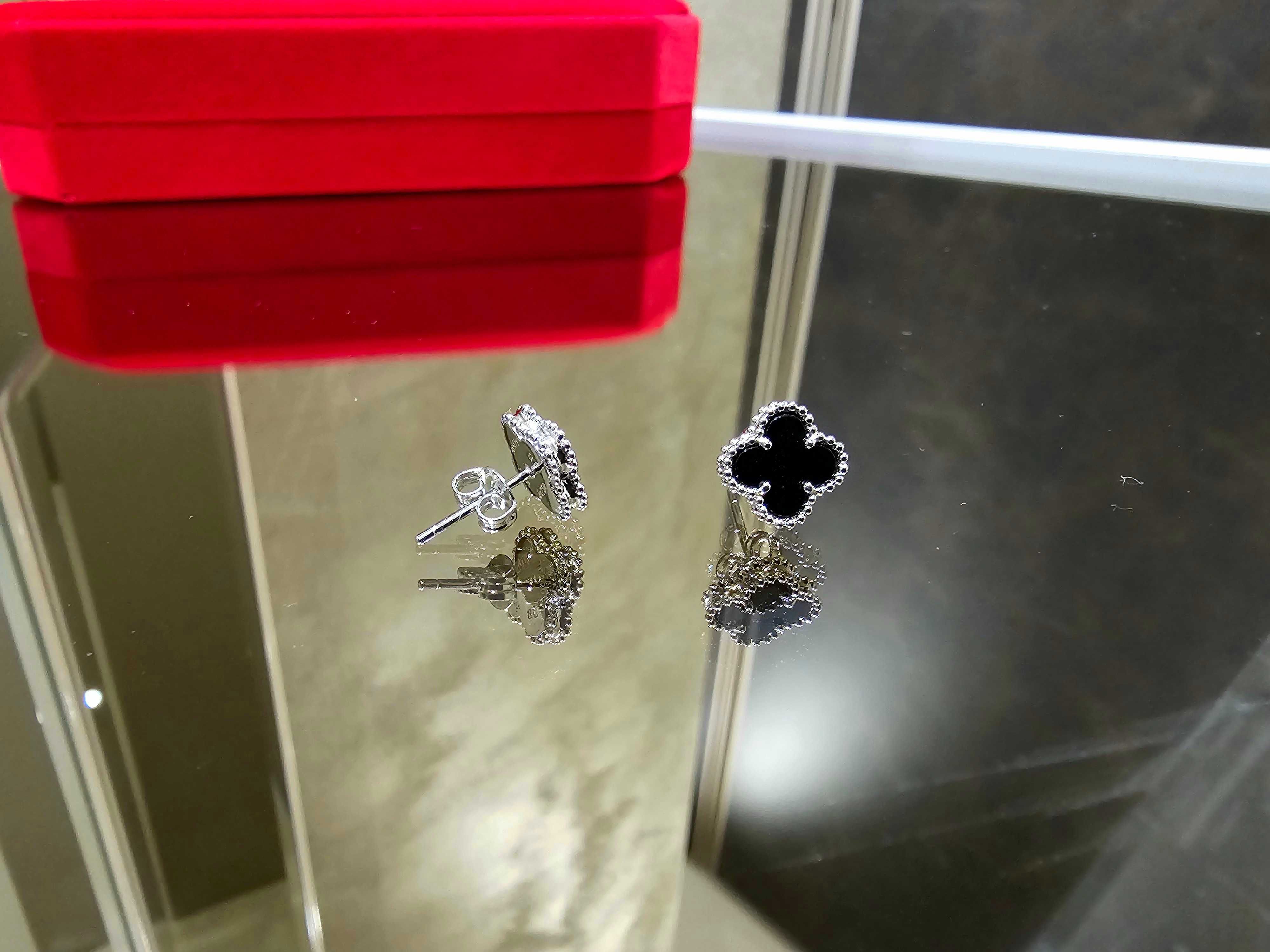 Van Cleef & Arpels VCA Silver Onyx Sweet Alhambra Clover Дамски Обеци