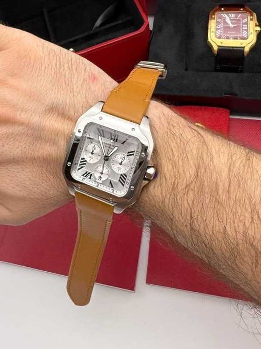 cartier santos 100 сребриста / кафява каишка