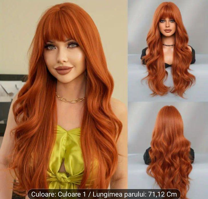 Peruca din par sintetic cu aspect natural roscat cupru lung breton