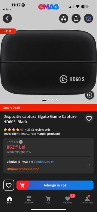 Dispozitiv captura Elgato Game Capture HD60S, Black