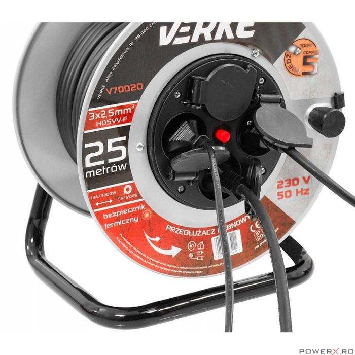 Rola prelungitor cablu cu cadru metalic 25 metri 3 x 2,5 mm Verke