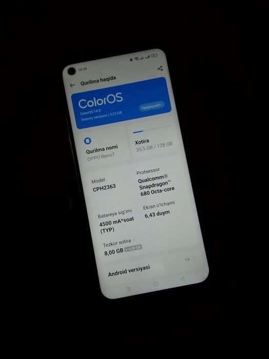 Oppo Reno 7 16/128 gb ideal yangi Telefon Новый телефон Оппо Рено 7