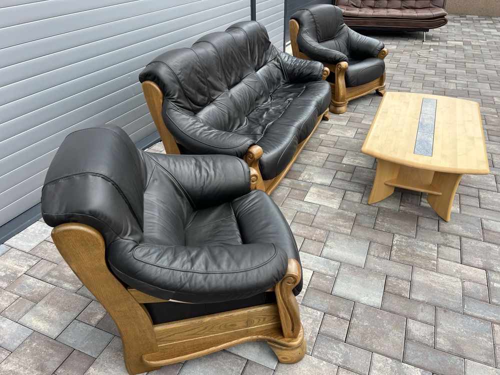 Set canapea canapele 3 - 1 - 1 Lemn Masiv + PIELE Naturala Rustic