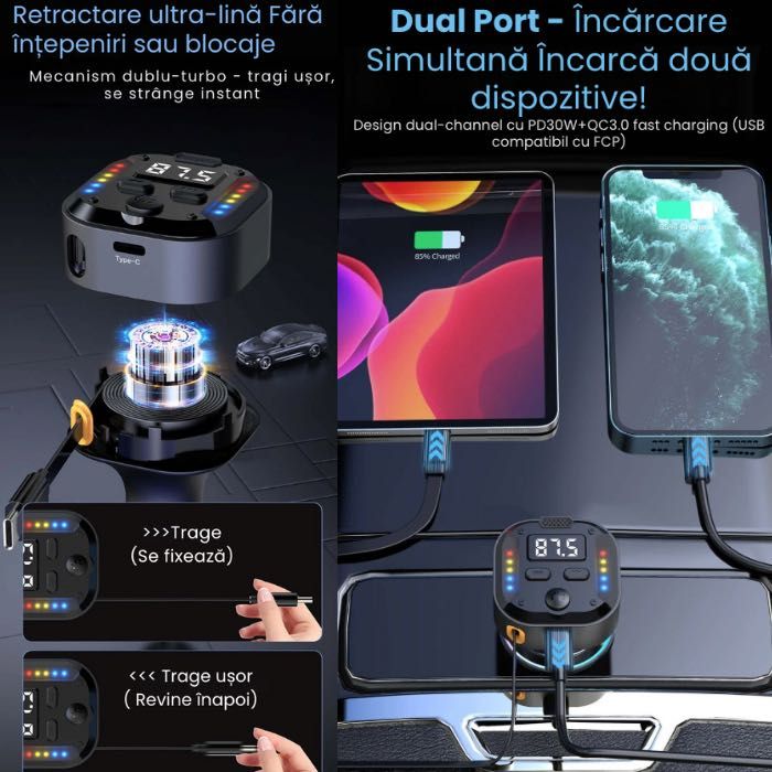 Modulator FM NETSTAT®Bricheta, BT 5.3 QC3.0 PD30W Cablu Retractabil