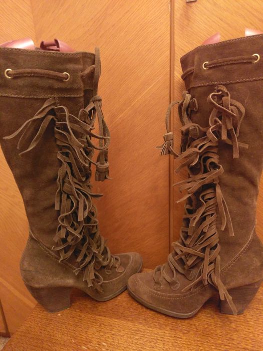 cizme toc pana la genunchi piele intoarsa maro, marime 37