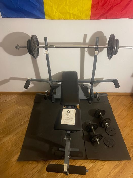 Aparat fitness complet – banc de forță, gantere, bară, 100 kg greutăți