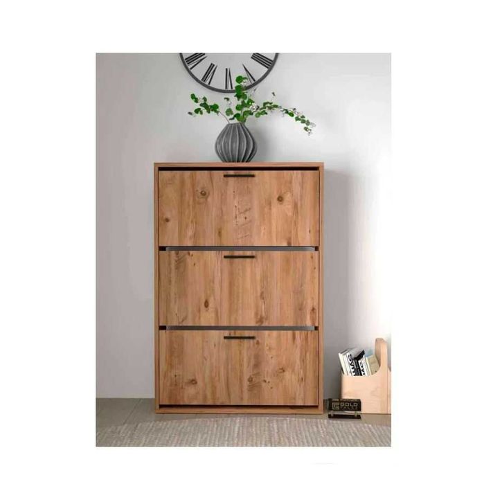 Шкаф за обувки с 3 падащи врати – бял и дървесен цвят/Шкафче за обувки