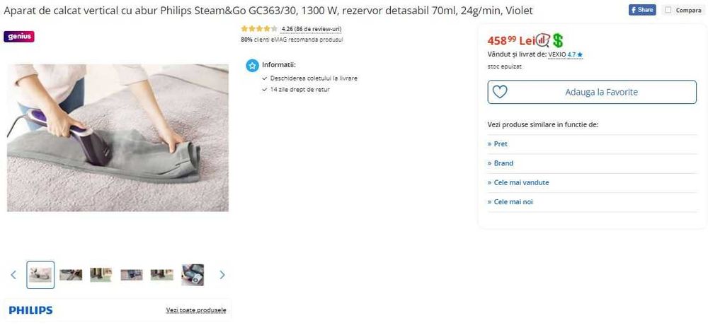 Aparat de calcat vertical cu abur Philips Steam&Go GC363/30