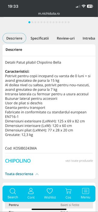 Vand tarc / patut pliabil Chipolino Bella Macadamia, saltea cocos