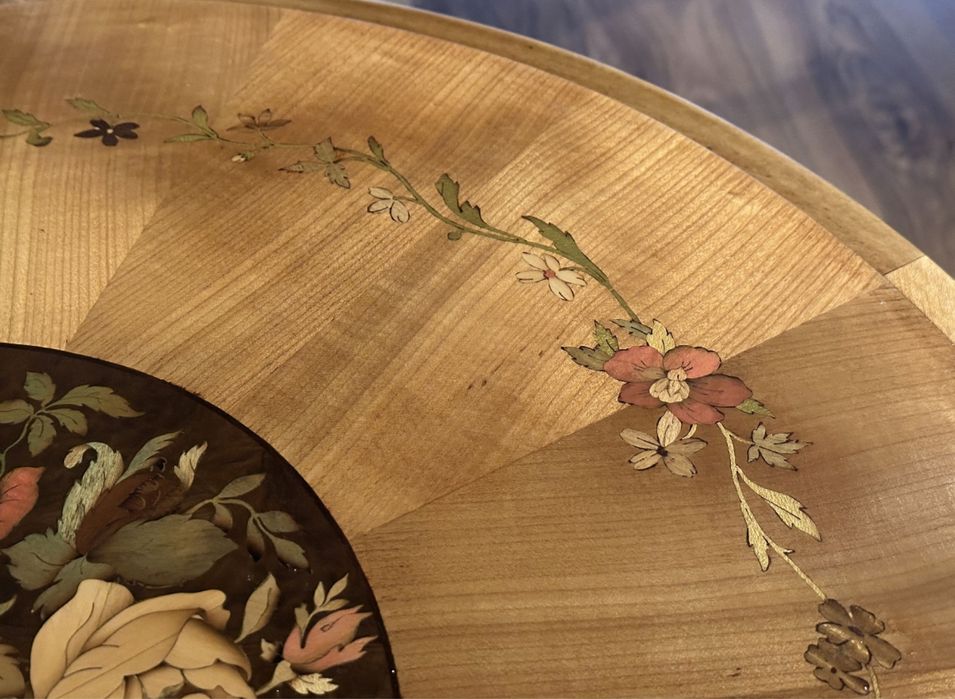 Masa cafea intarsii lemn masiv 77x64cm superba antica biedermeier