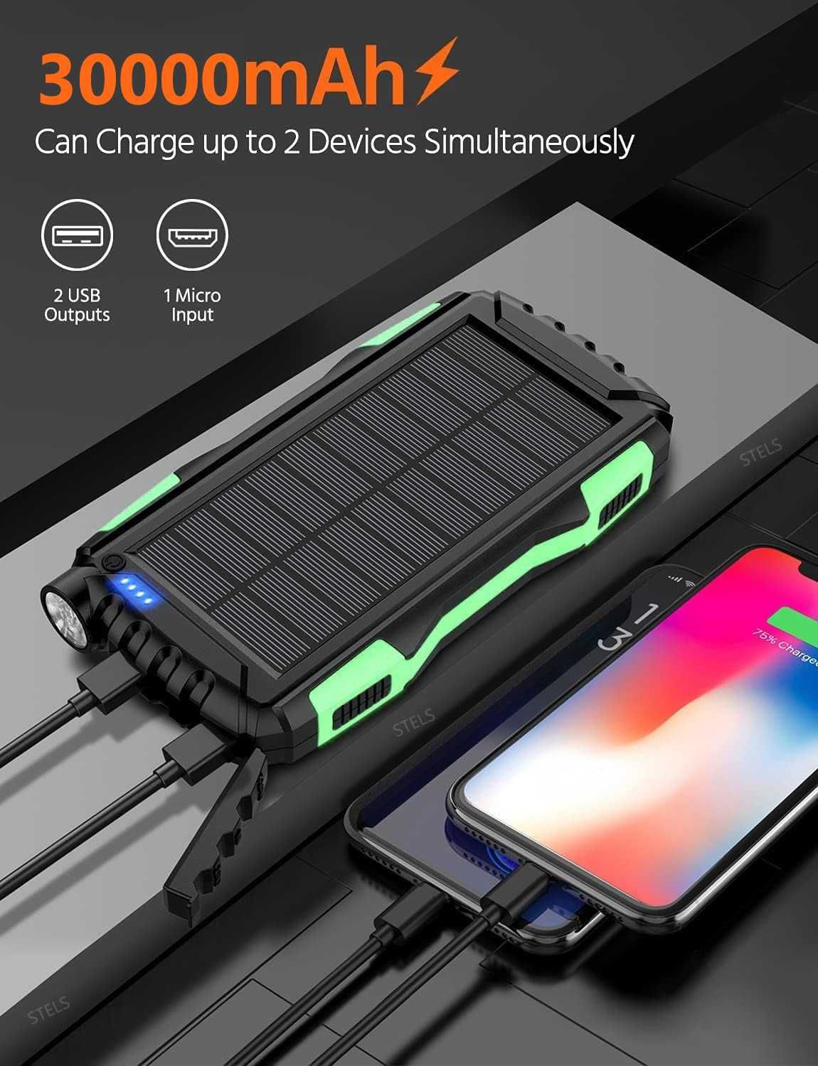 Преносима батерия STELS EnergyPlus 30K, 30000mAh, соларен панел, фенер