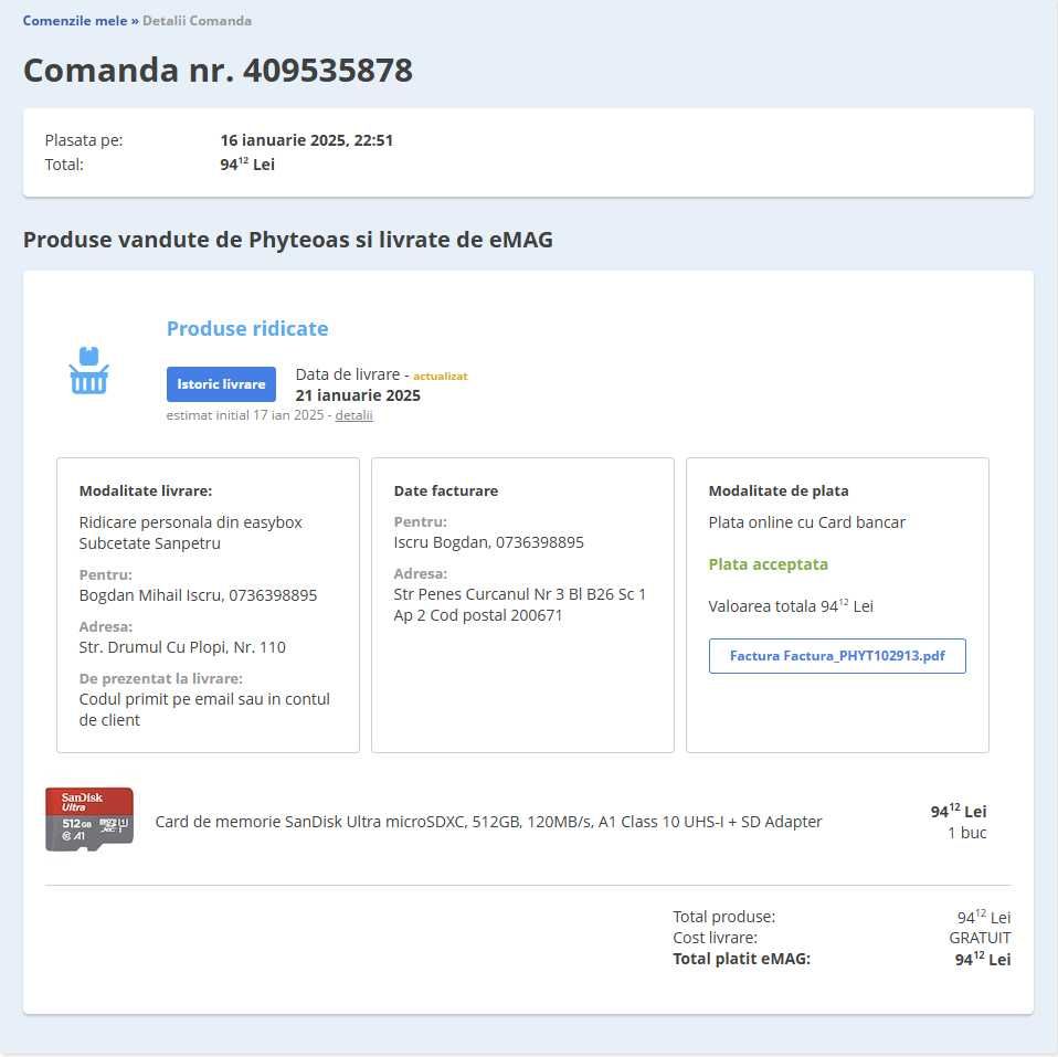 Card Memorie Micro SD + Adaptor 512GB