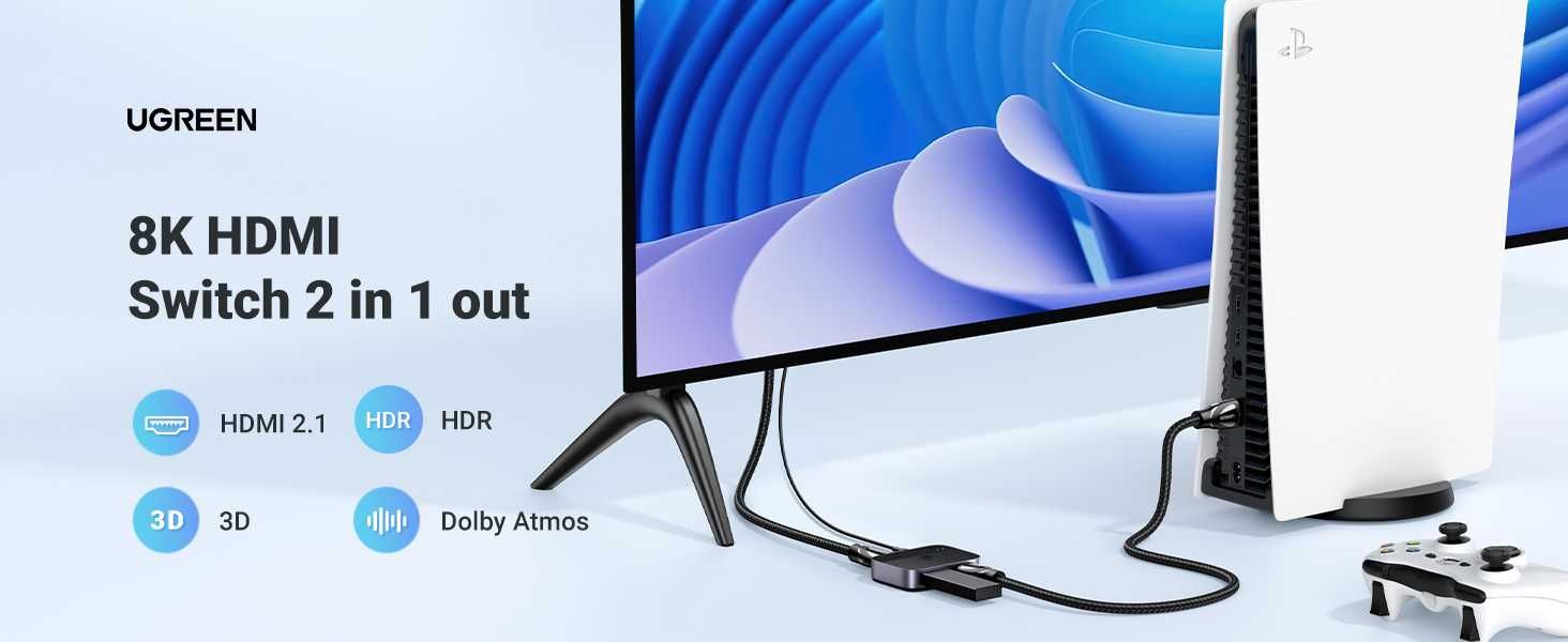 Ugreen HDMI 4K120Hz, 8K60Hz превключвател 2 в 1 изход