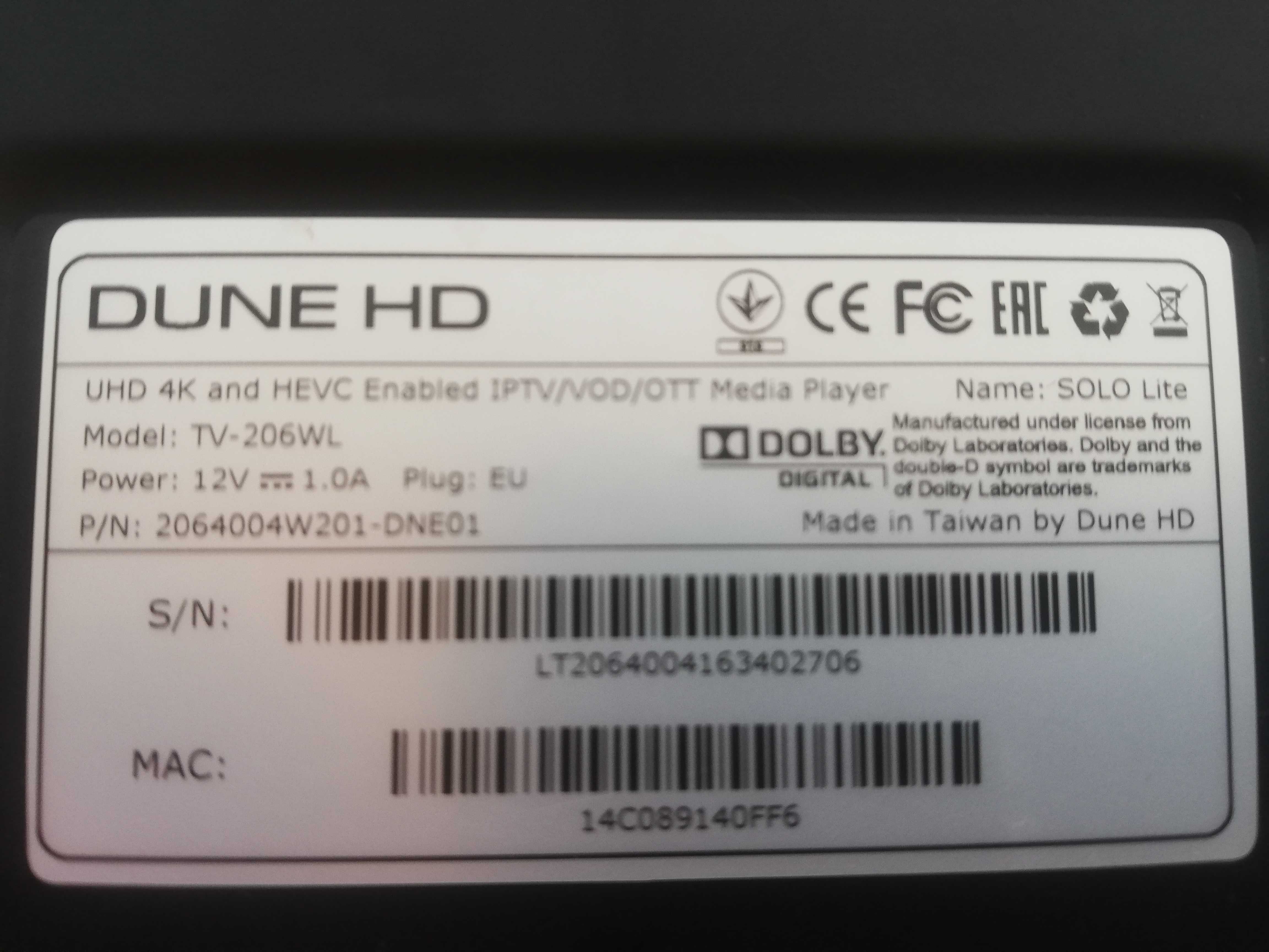 4K IPTV Box Dune HD SOLO Lite  TV-206WL