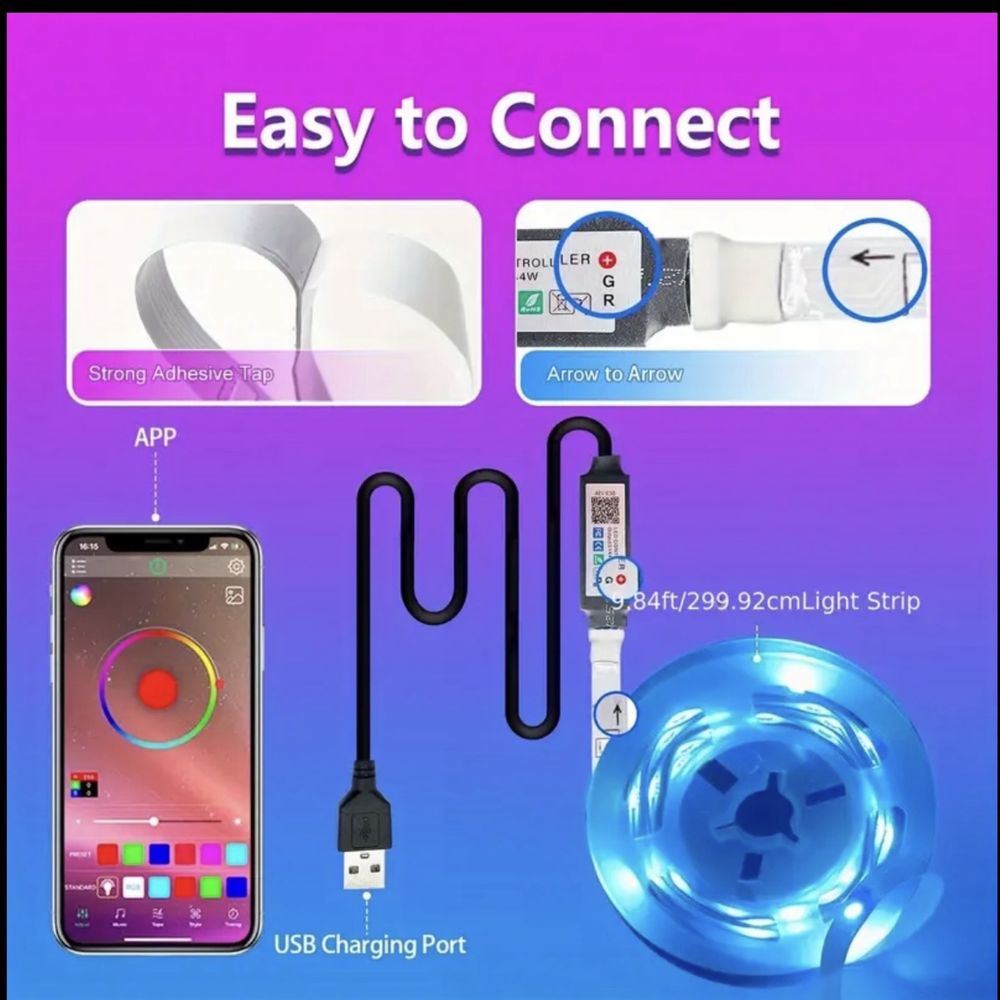 RGB Led ленти 5 метра, Music Sync, App + remote control